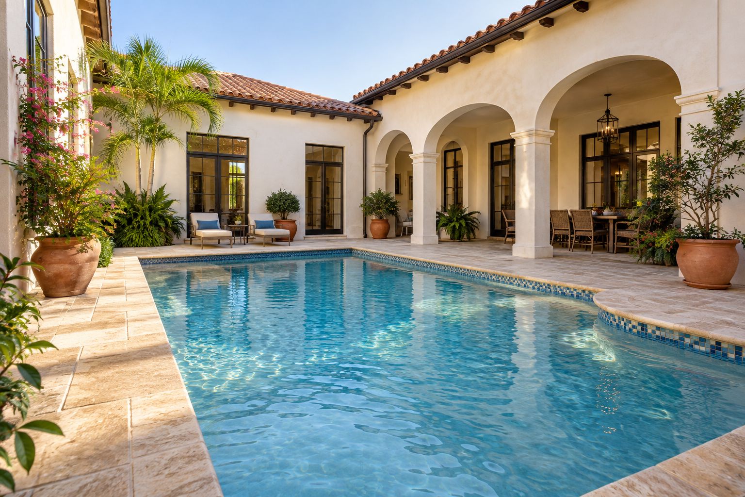 Courtyard pool with a blue mosaic waterline tile band and travertine pavers (AI-generated concept image)