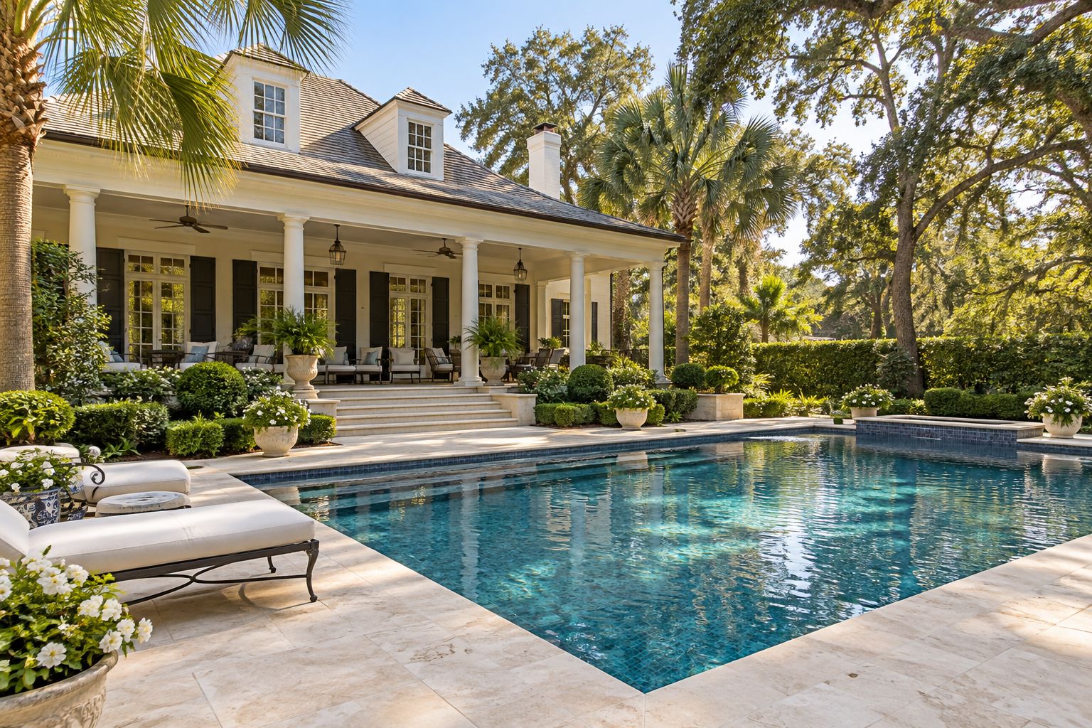 Rectangular pool with a dark blue tile interior and travertine deck under large oak trees (AI-generated concept image)